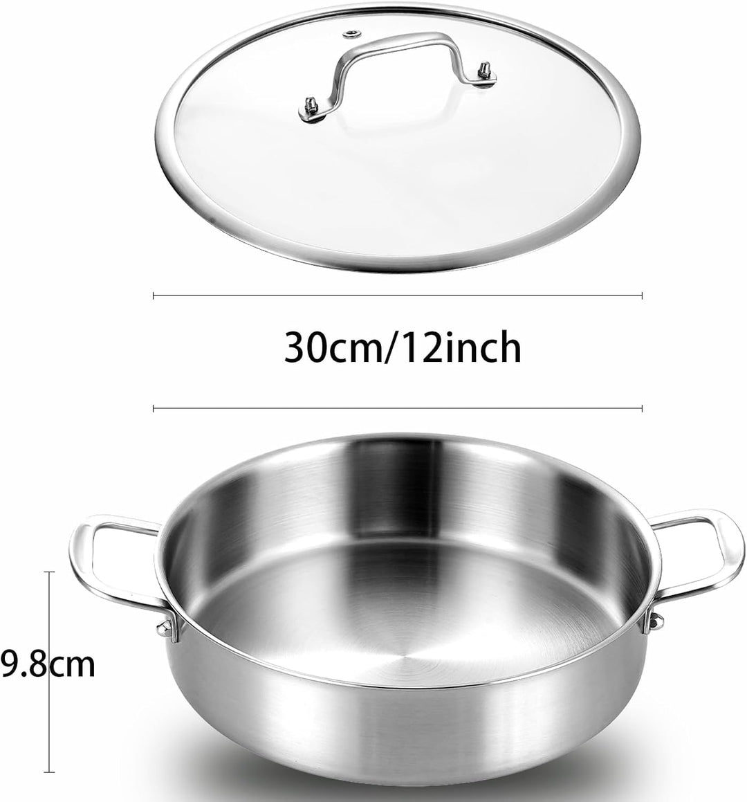 Schmortopf mit Deckel,Ø 30cm Hoher Rand 9.8cm,3-Schichten Edelstahl Pfanne,Bräter Induktion,Für Gros