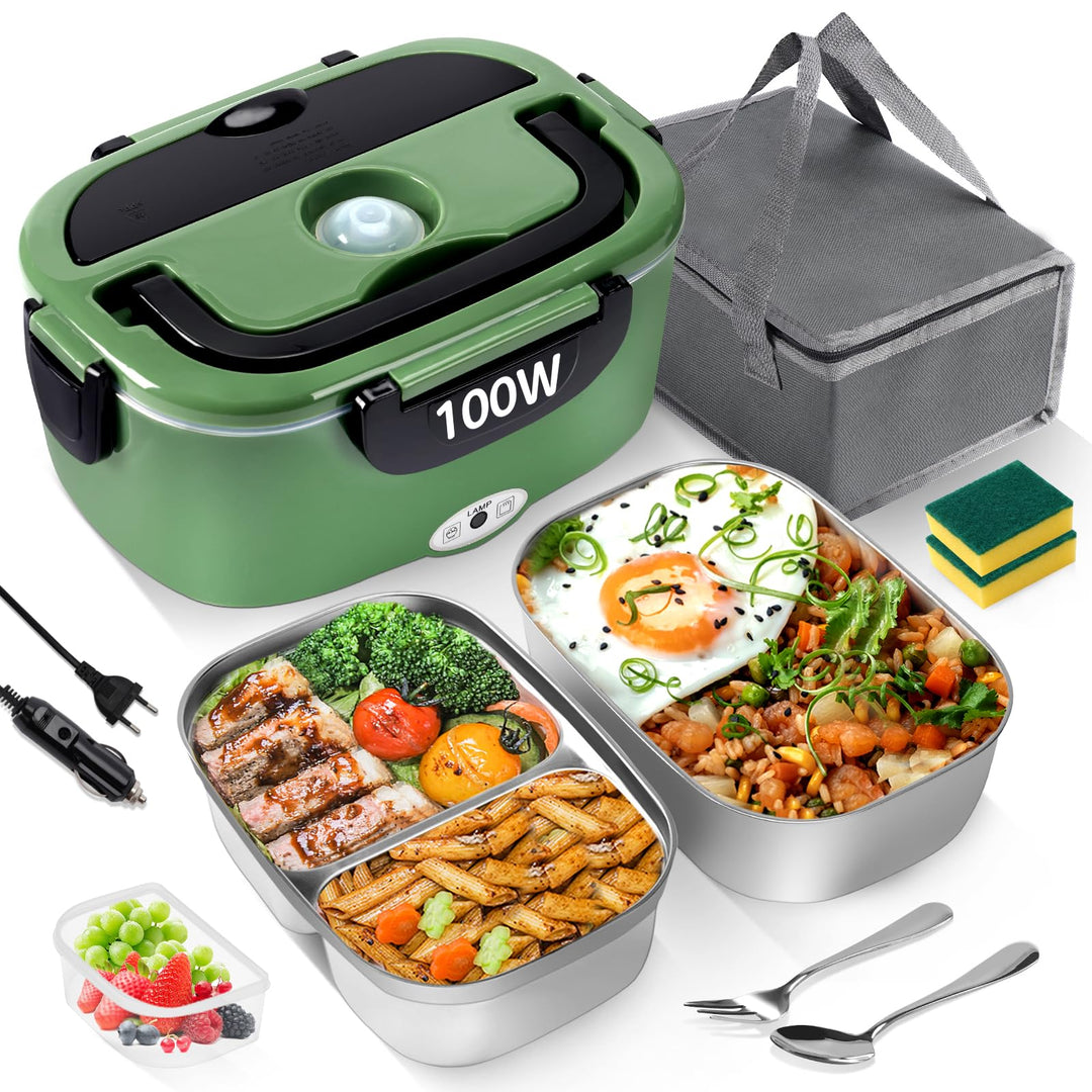 Elektrischer Lunchbox 100 W, 3-in-1 Lunch Box Erwachsene Premium, 2 Herausnehmbare Edelstahlbehälter