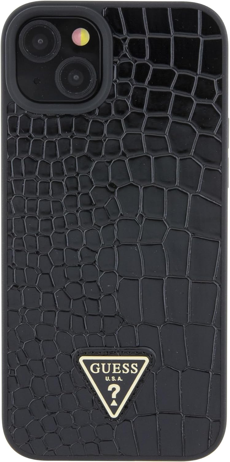 GUESS GUHCP15SPCRTHCK Hülle für iPhone 15 6.1" Schwarz hardcase Croco Triangle Metal Logo