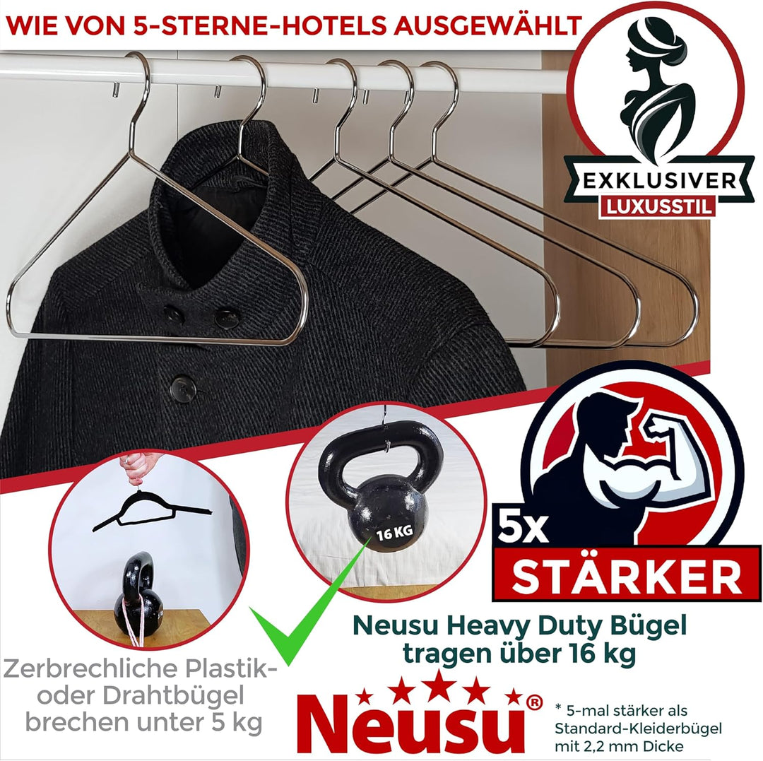 Neusu Kleiderbügel Metall, Stabil, 45cm x 5mm Dickes Metall - Extra Starke Garderobenbügel in Hotel-