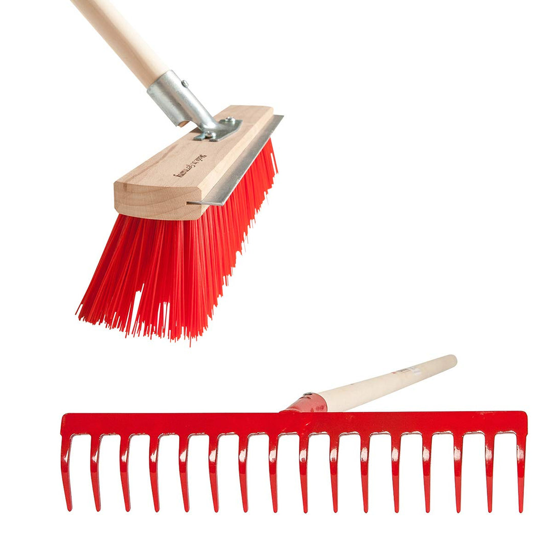 SHW-FIRE Effizientes Gärtnern mit 16 Zinken Rechen und 40cm Breiten Strassenbesen - Holzstiel inklus