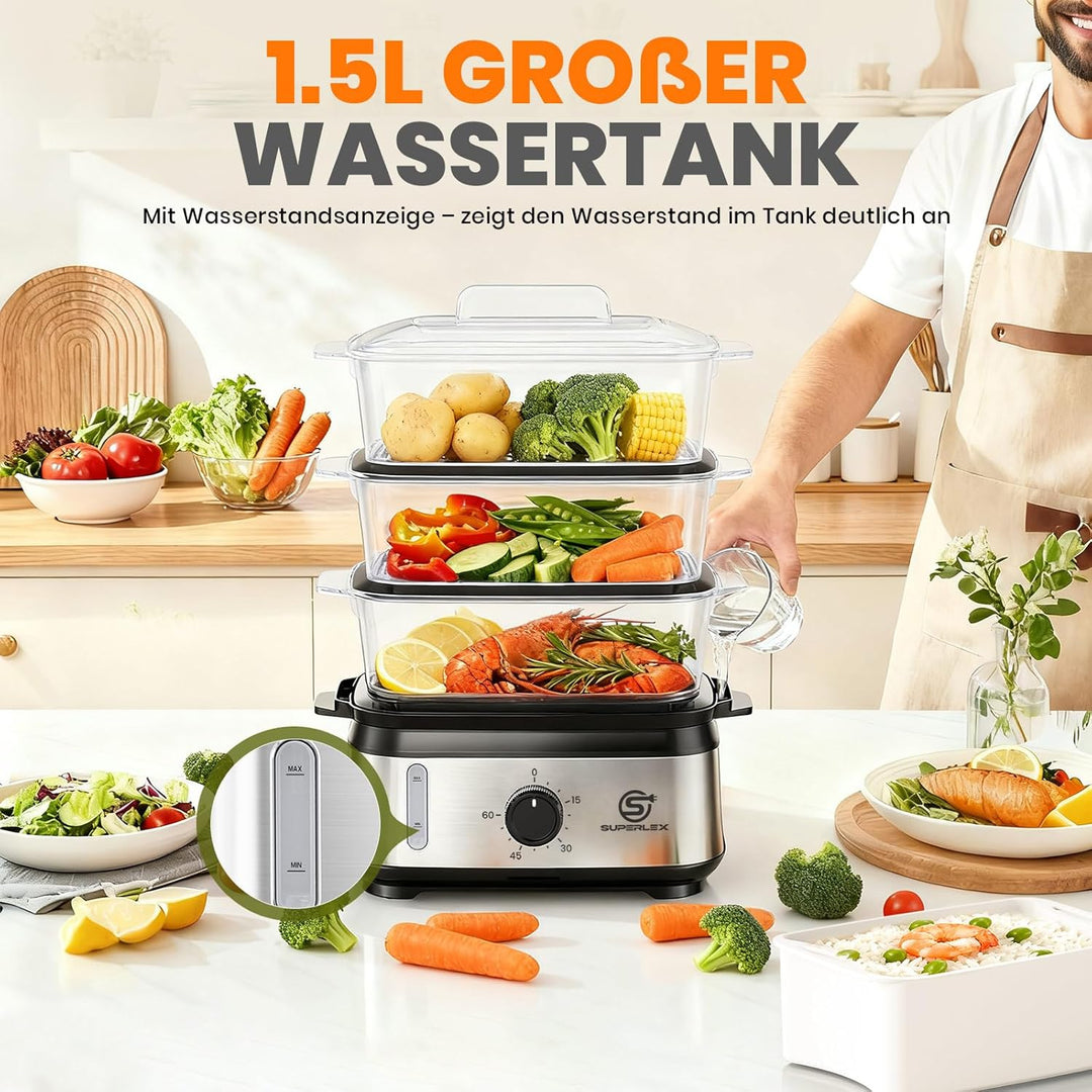 Dampfgarer Elektrisch 950W 3 Schichten 9L Kapazität Mit 60 Min Timer Antihaft Heizplatte Spülmaschin