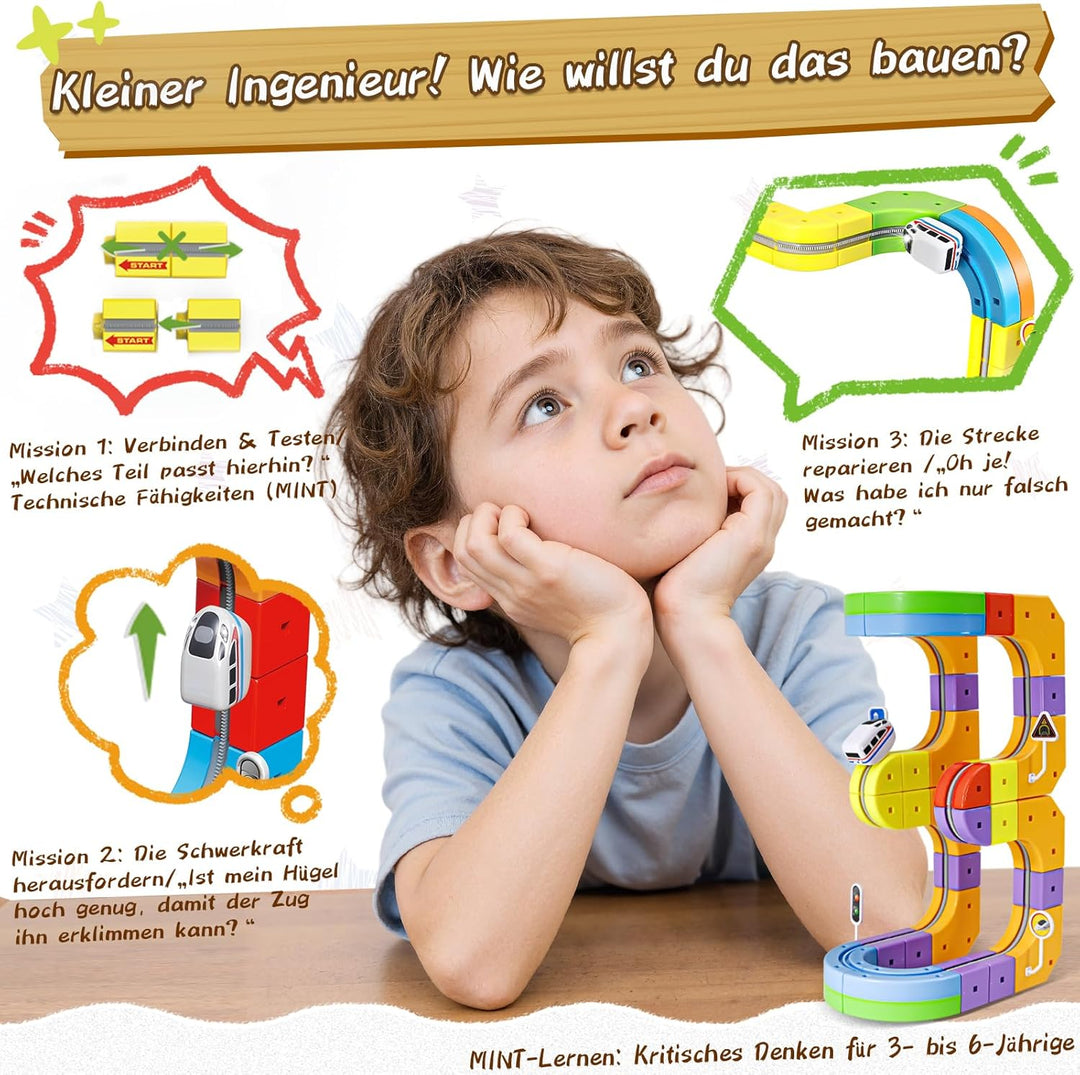 Cubix 3D Zug Set - Cube Track elektrische Kindereisenbahn mit Magic Rail System, STEM Spielzeugzug f