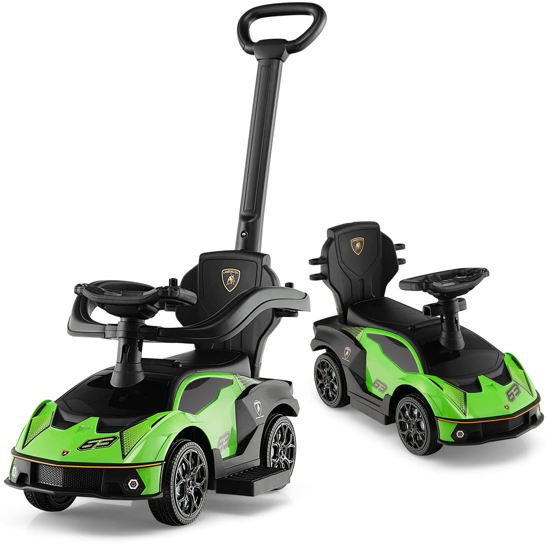 DREAMADE Rutschauto Lamborghini, 3 in 1 Rutschfahrzeug mit Schiebestange, Hupe, Stauraum & Verstellb