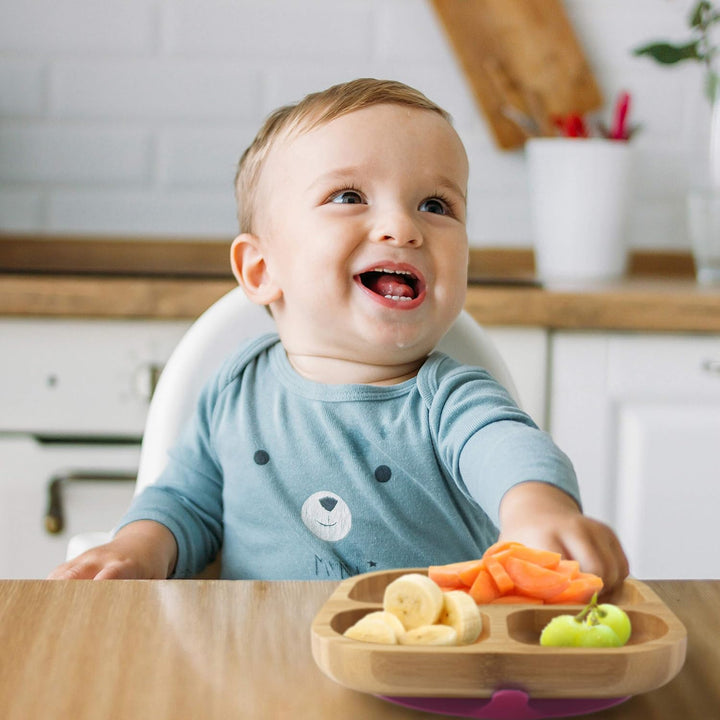 Kinderteller mit Saugnapf kirsche I Inkl. Rezepte-Ebook I rutschfester Babyteller aus Bambus mit Löf