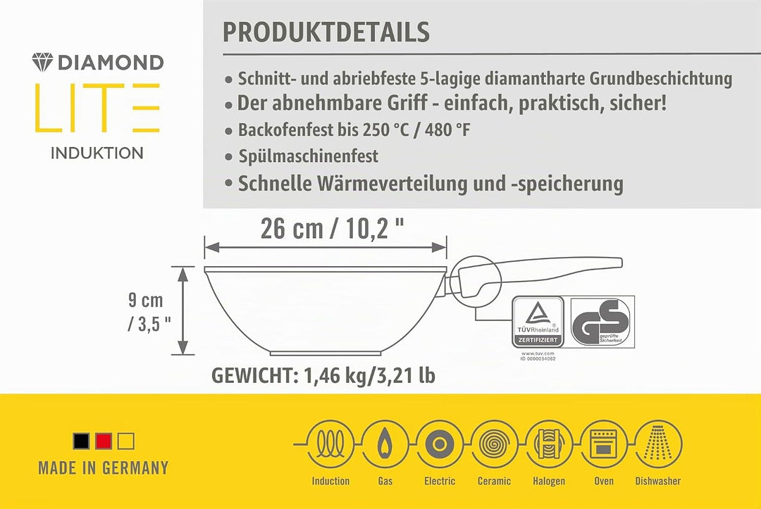 Woll Norbert 11026DPI Diamond LITE Induktion Guss-Schwenkpfanne, FS Ø 26 cm, 9 cm hoch, schwarz, Ø 2