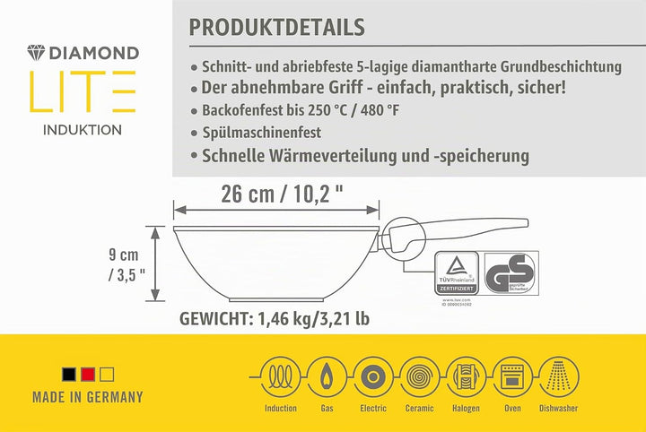 Woll Norbert 11026DPI Diamond LITE Induktion Guss-Schwenkpfanne, FS Ø 26 cm, 9 cm hoch, schwarz, Ø 2