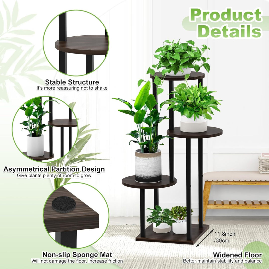 YOCOMEY 4 Tier Hölzern Blumenregal Metall Pflanzenregal, Mehrstöckig Blumenständer Pflanzenständer B