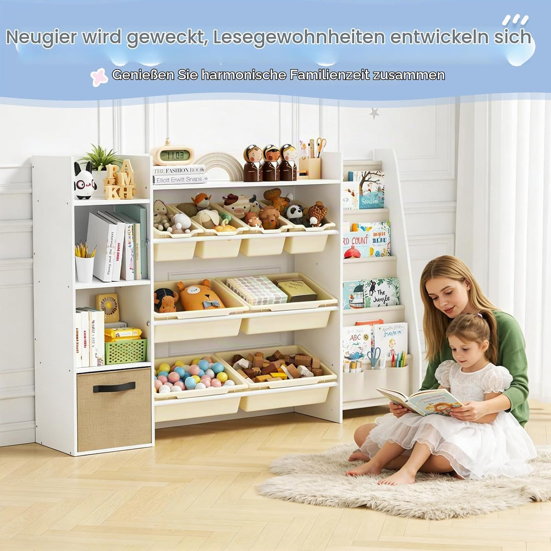 Kinderregal, Holz-Bücherregal mit 8 Aufbewahrungsboxen, Kinderzimmermöbel mit Spielzeugkiste für Sch