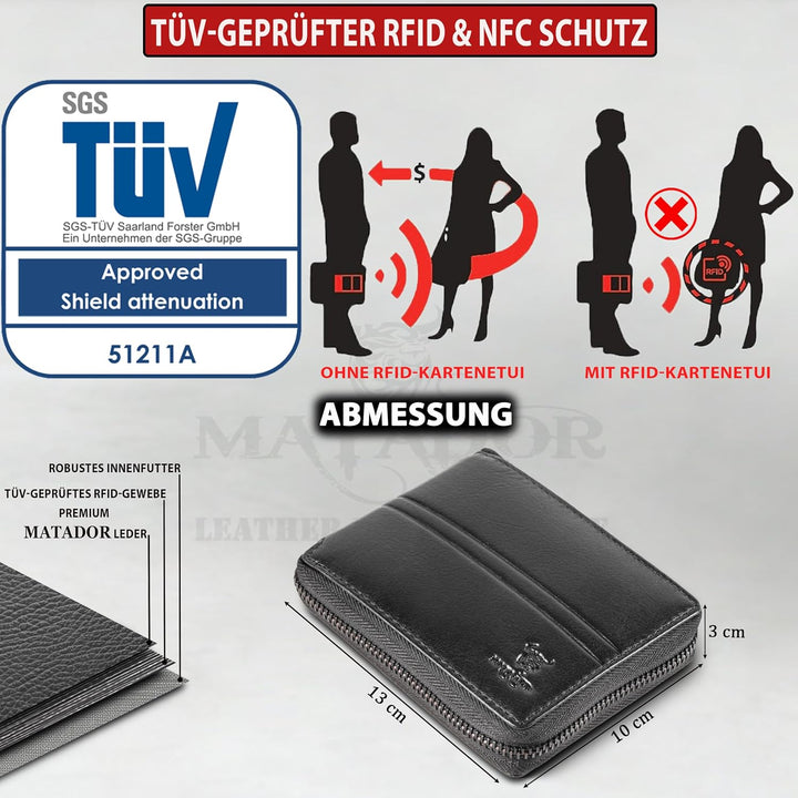 MATADOR RFID NFC Schutz Geldbörse Herren Leder Geldtasche | Portemonnaie Herren mit YKK Metall Reiss