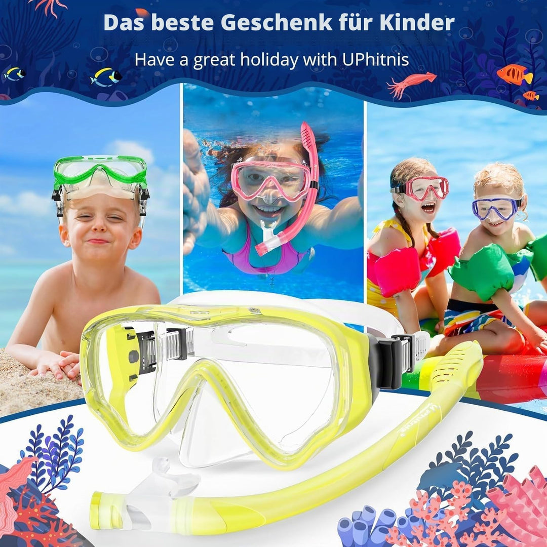 UPhitnis Schnorchelset Kinder - Taucherbrille Anti-Fog und Trocken Schnorchel - Anti-Leck Tauchmaske