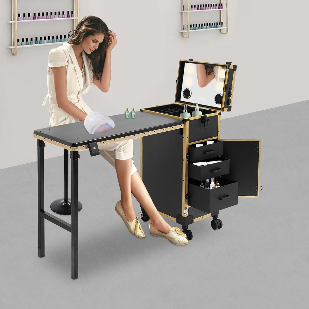 Professioneller Schminkkoffer mit Klappbarer Tisch, Rollender Friseurkoffer mit Spiegel & 3 Schublad