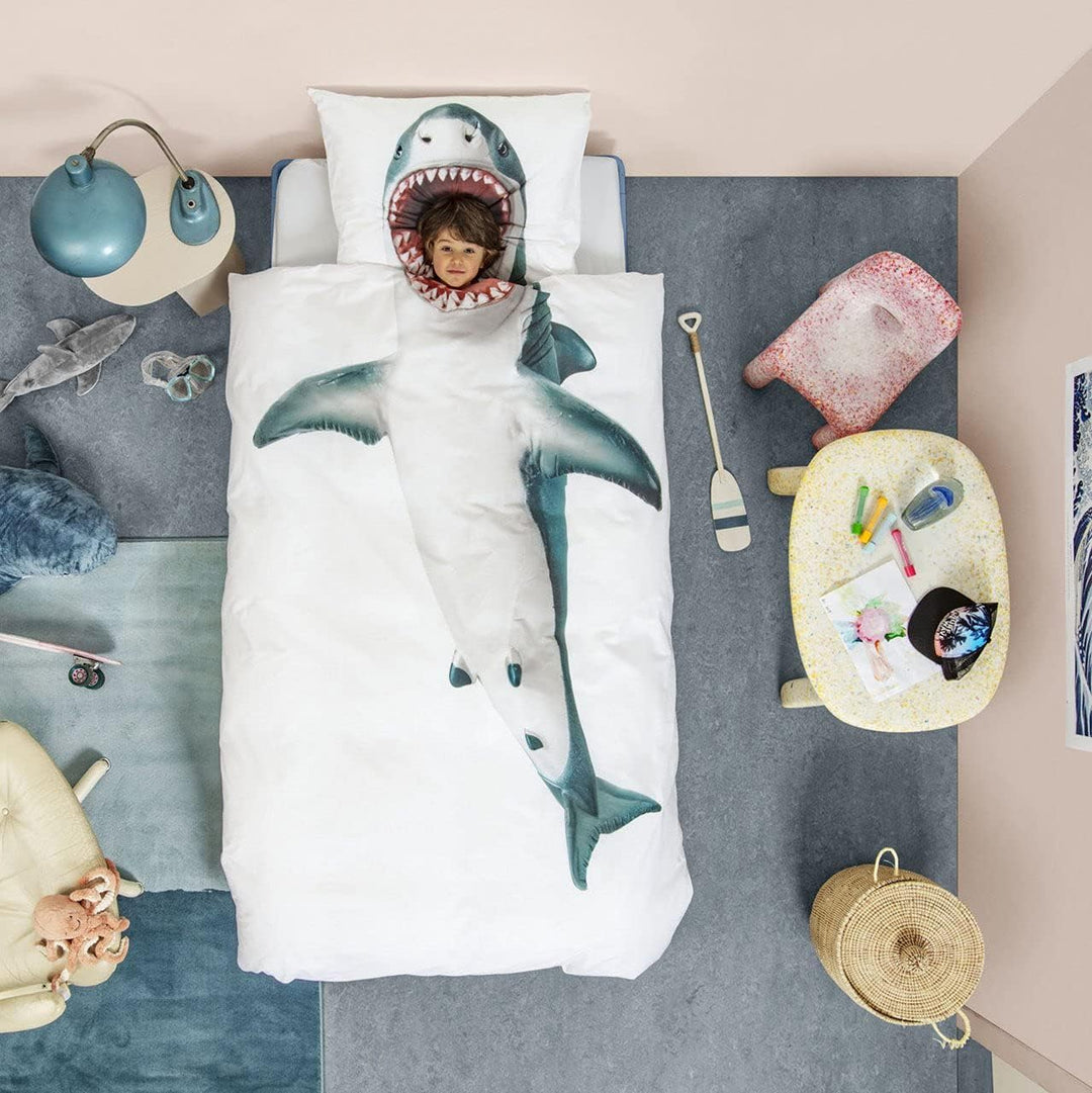Snurk Kinder Bettwäsche Set Garnitur Heimtextilie Bettdecke Kopfkissen Shark 135 x 200 cm 100% Baumw