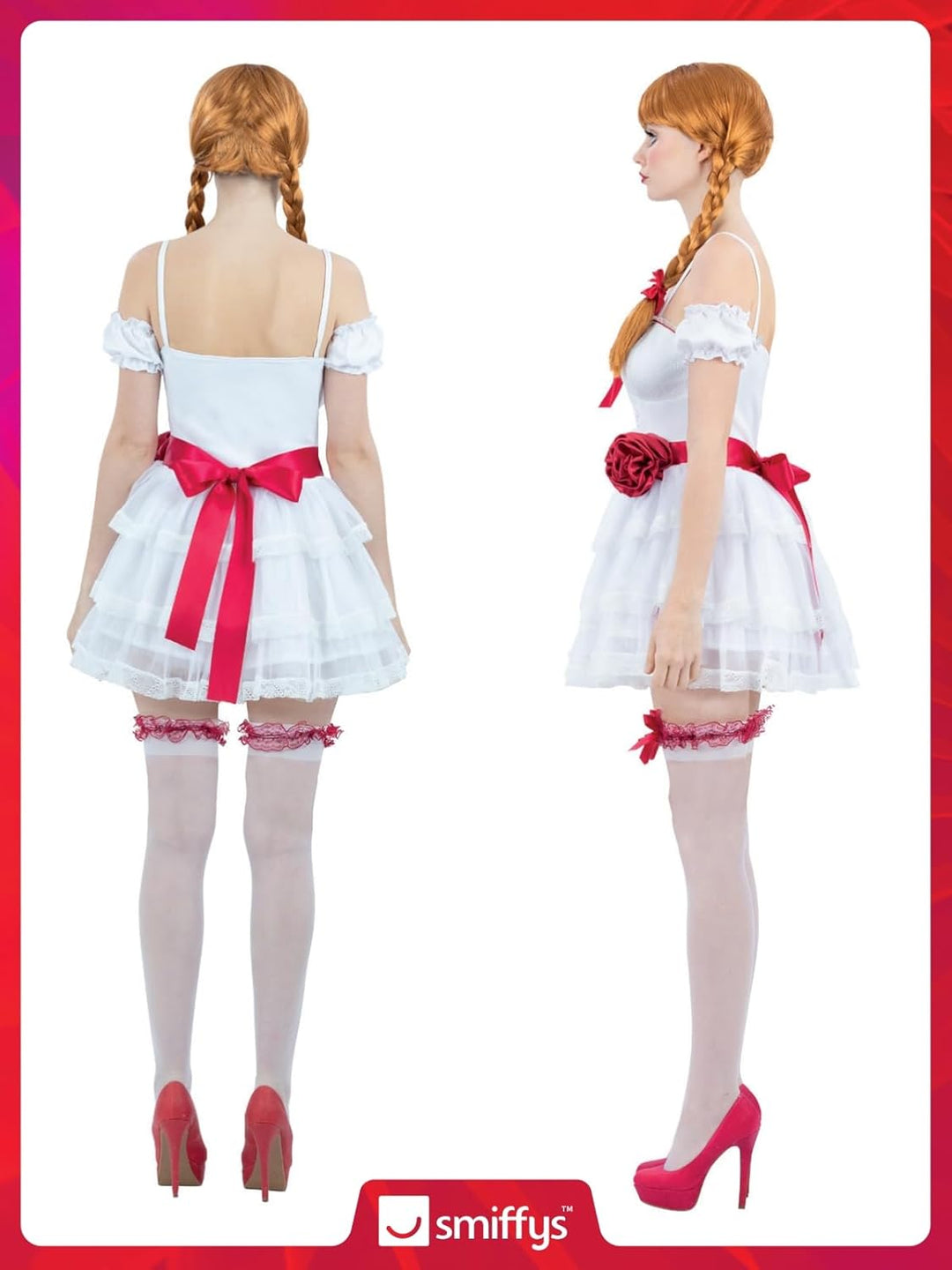 Smiffys 81003 Annabelle Minikleid Kostüm, Damen, Weiss & Rot X-Small (UK 4-6), X-Small (UK 4-6)