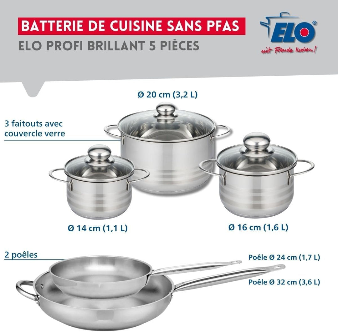 ELO 9880450 Kochgeschirr-Set, 5-teilig, 2 Bratpfannen 24 und 32 cm, 3 Kochtöpfe 14, 16 und 20 cm Elo