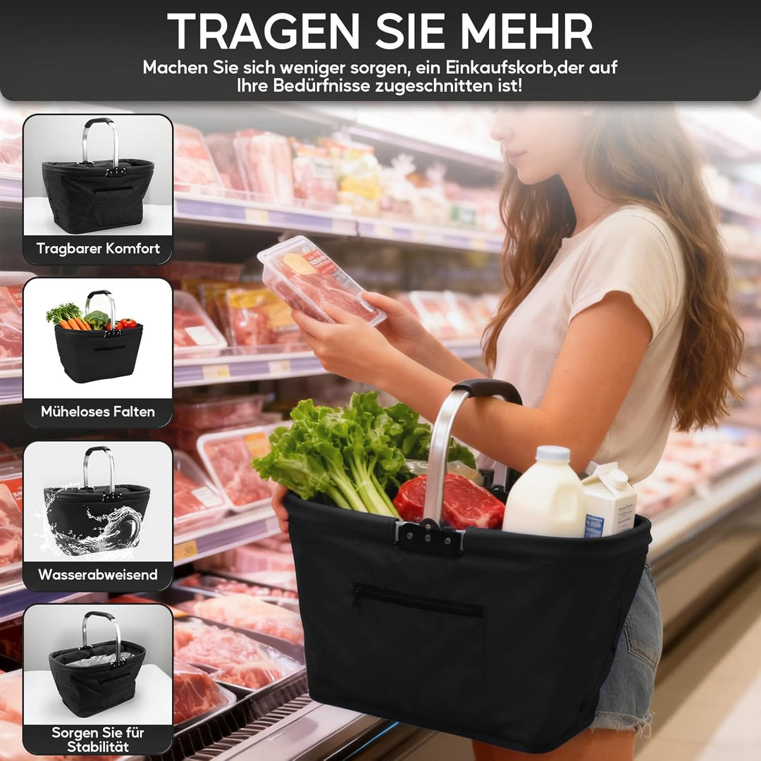 GAESHOW Einkaufskorb Faltbar 35L, Picknickkorb mit Gepolsterten Griffen, Tragekorb mit Aluminiumrahm