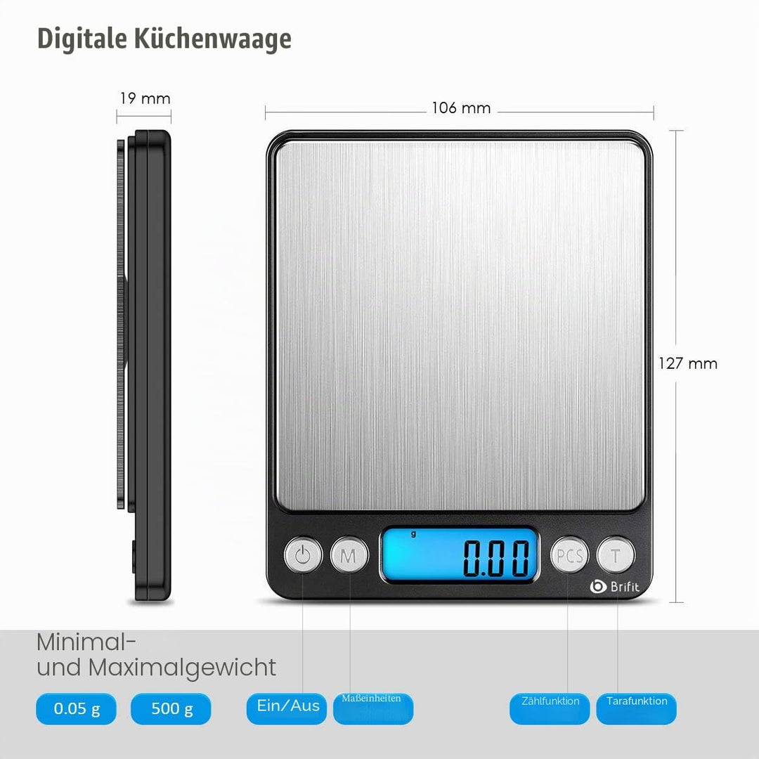 Brifit Feinwaage 0.01g, 500g / 0,01g Digitale Waage, Taschenwaage mit EIN 100g Edelstahl Kalibrierge