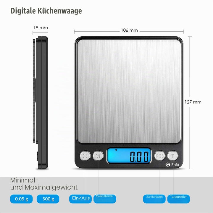 Brifit Feinwaage 0.01g, 500g / 0,01g Digitale Waage, Taschenwaage mit EIN 100g Edelstahl Kalibrierge