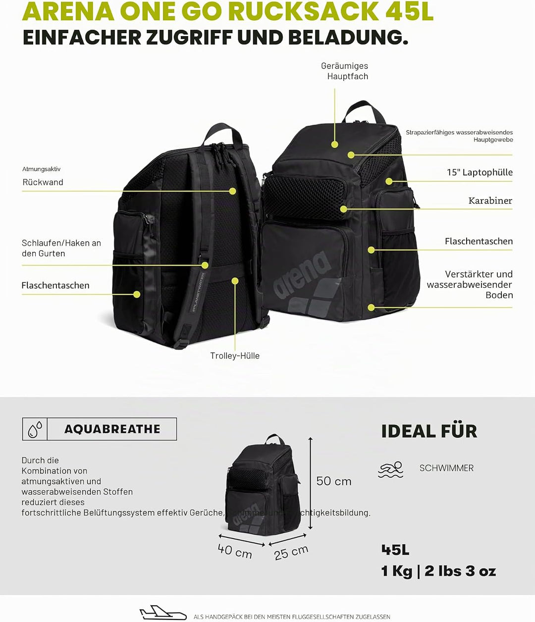 Arena One Go Rucksack, 45 Liter, Schwimmer, Sportler, Tagesrucksack, grosse Ausrüstung, Schwimmtasch