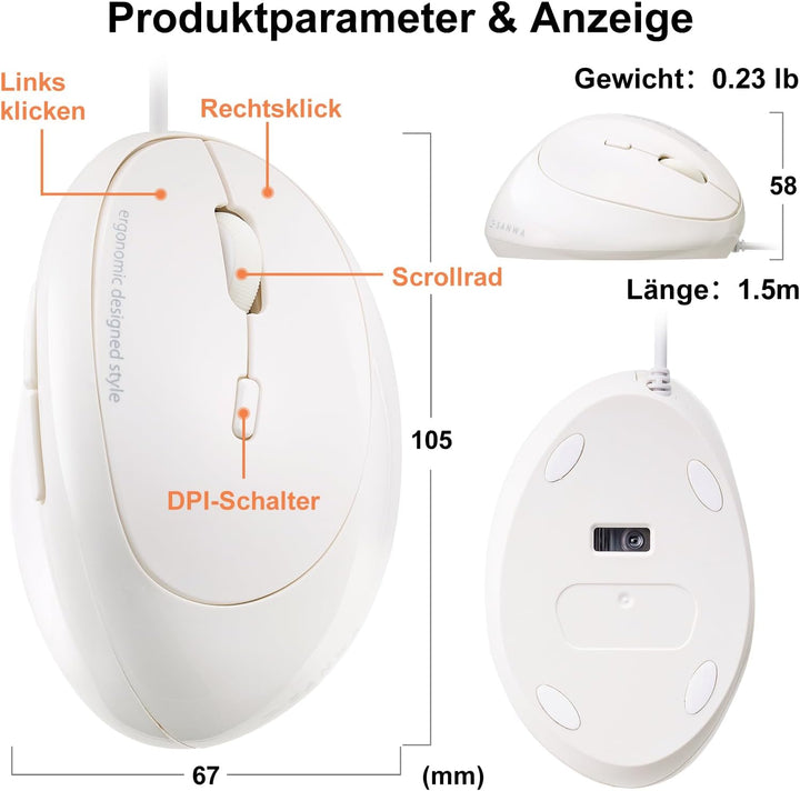 SANWA Ergonomische Maus mit Kabel, Optische Vertikale Maus für Kleine bis Mittelgrosse Hände, 1000/1
