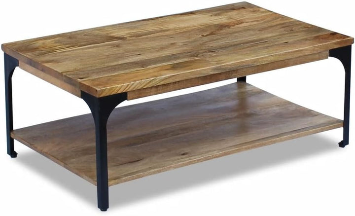 Festnight Couchtisch Kaffeetisch Sofatisch Mangoholz Stahlrahmen Beistelltisch mit Ablagefach zur Au