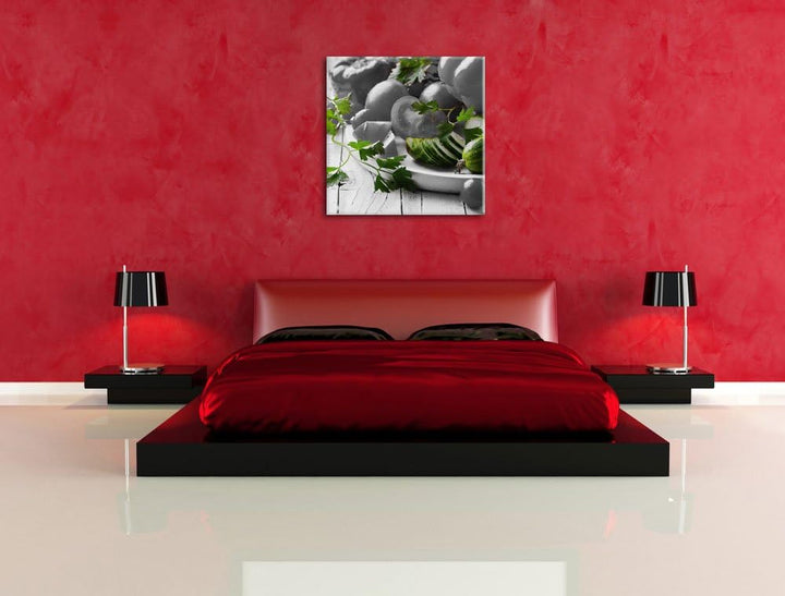 Gemüseteller mit Paprika Tomate und Zucchini schwarz/weiss, Format: 70x70 als Leinwandbild, tolle Bi