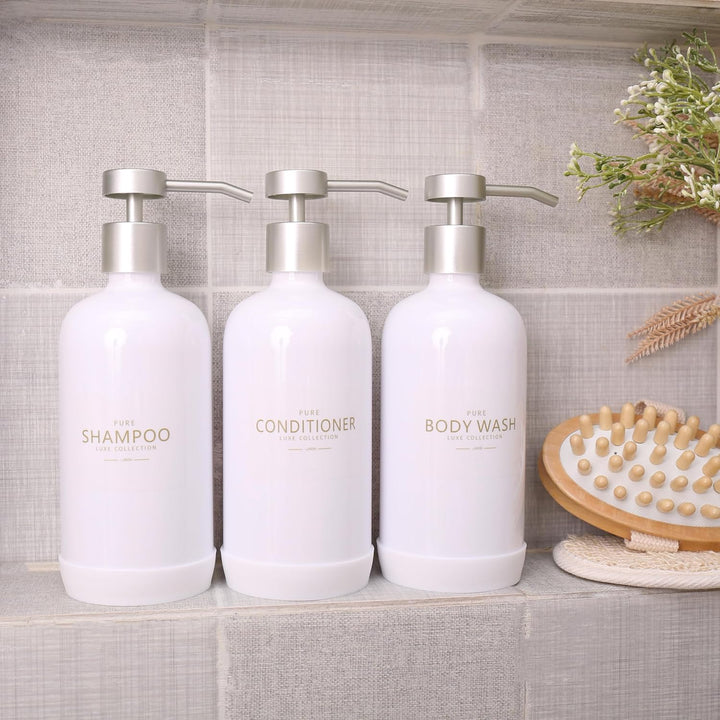 Janxin Shampoo- und Spülungsspender, Set mit 3 nachfüllbaren 600 ml Shampoo-Flaschen mit rutschfeste
