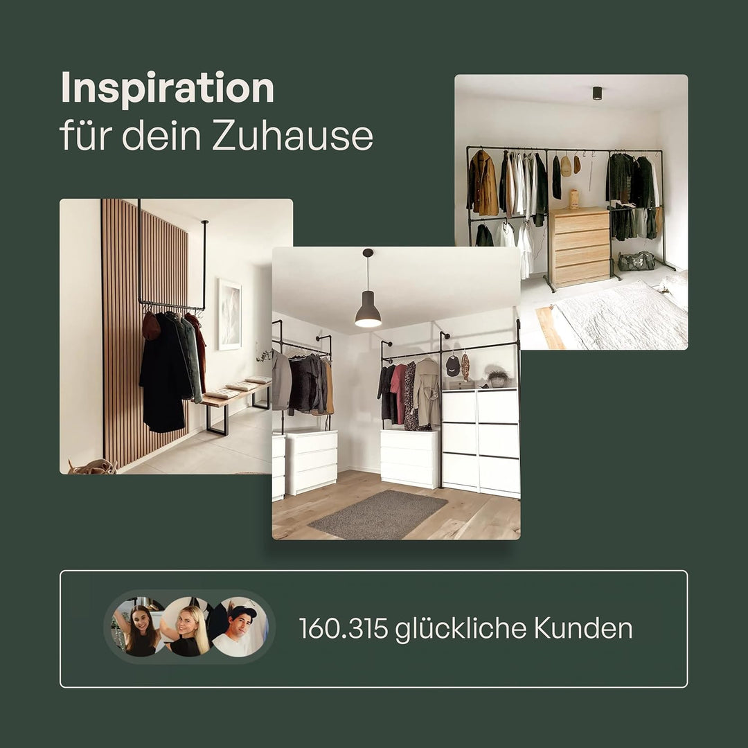 pamo Kleiderstange Wandmontage 460 kg Traglast - offener Kleiderschrank industrial schwarz aus Metal