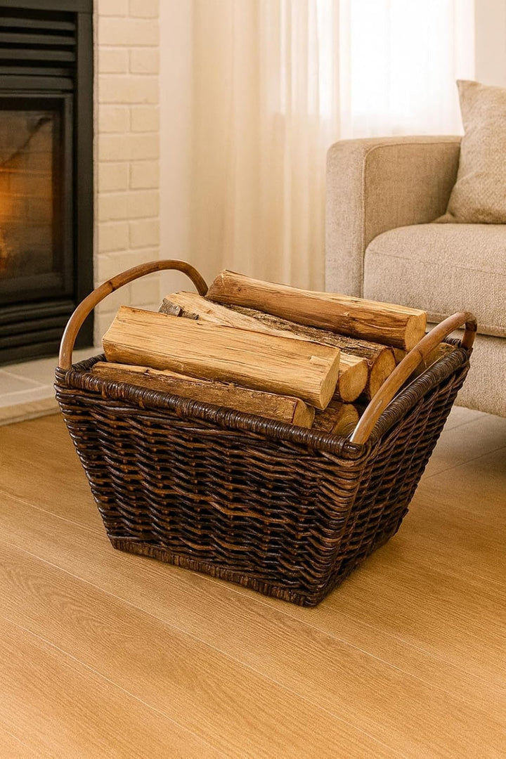 Kobolo Kaminholzkorb Holzkorb für Kaminholz -aus Rattan Krabu ausgestattet mit Leinen