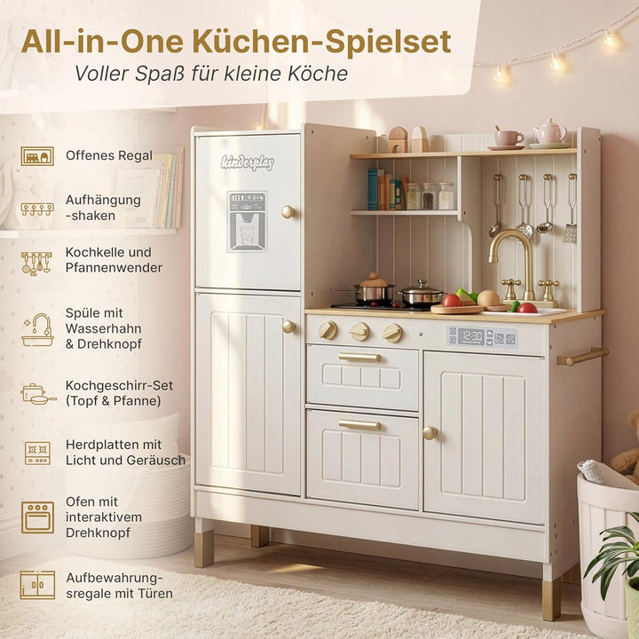 Kinderküche Holz mit Licht & Sound – Grosse Spielküche aus Holz mit Zubehör, Spüle, Herd & Backofen