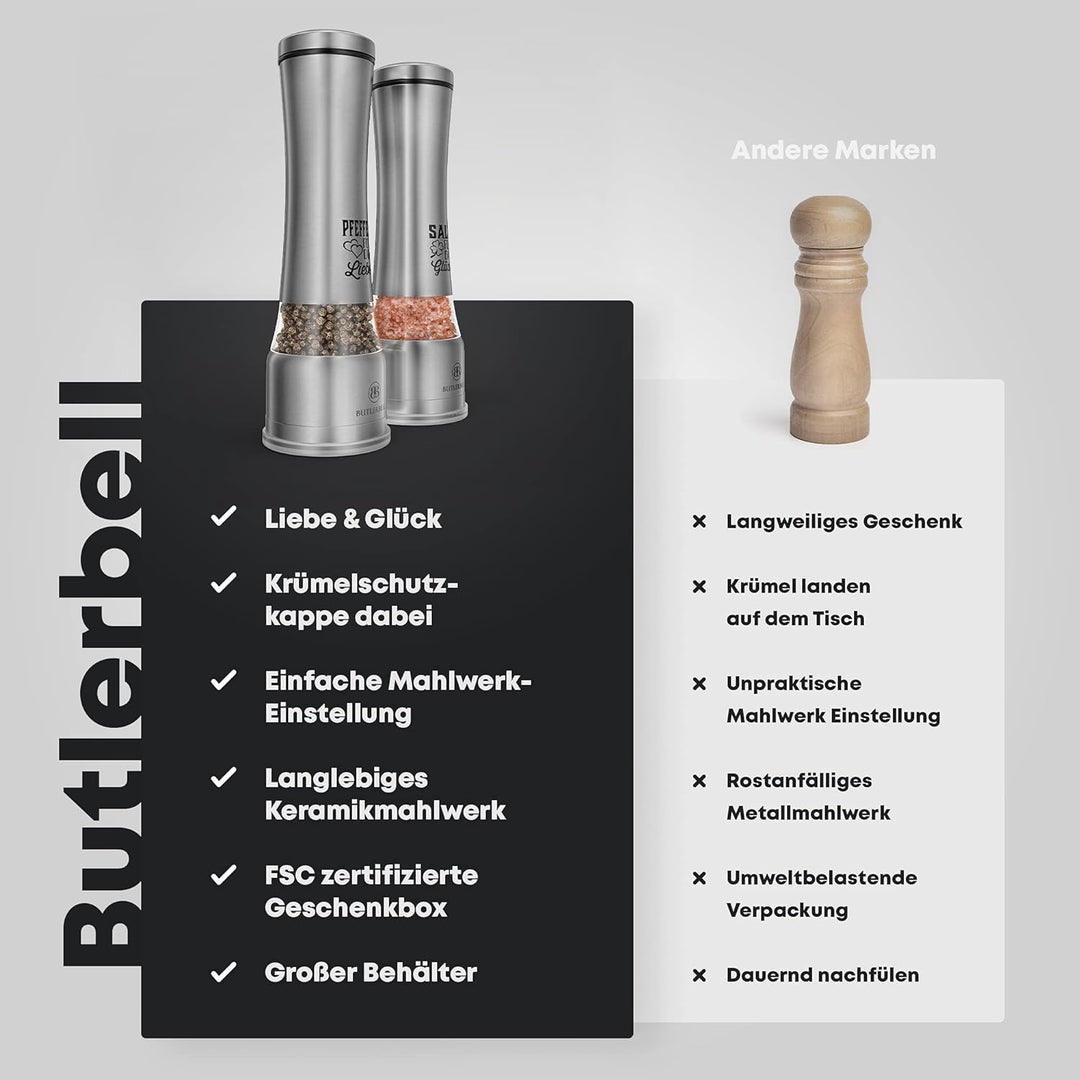 BUTLERBELL® Salz und Pfeffermühle mit Keramikmahlwerk | Gewürzmühlen Set | Hochzeitsgeschenke für Br
