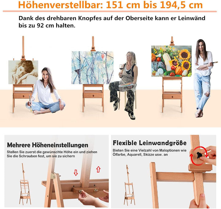 RELAX4LIFE Staffelei aus Buchenholz, Holzstaffelei mit Schublade und Tablett, Höhenverstellbare Präs