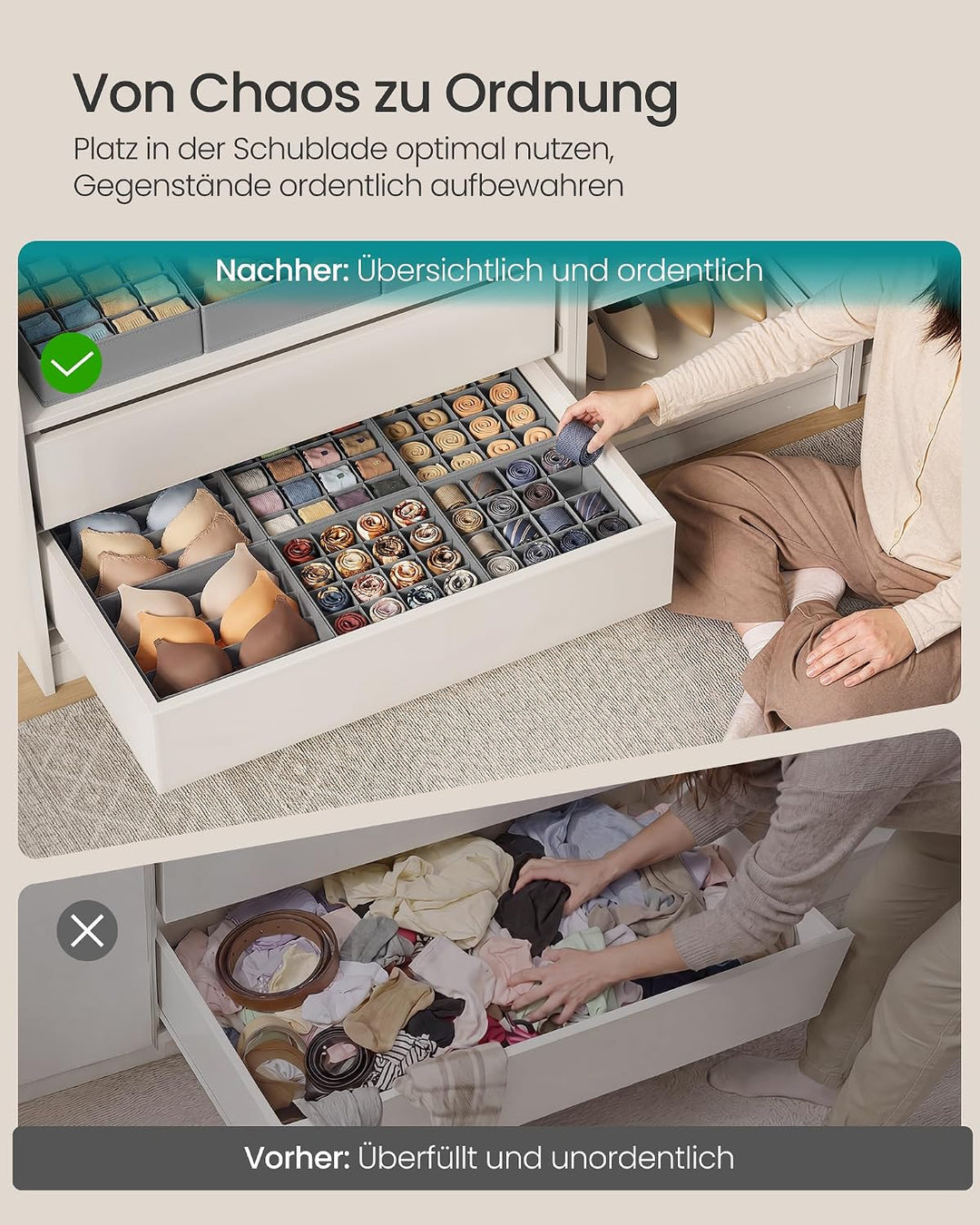 SONGMICS Schubladen-Organizer aus Vliesstoff, Faltbare Aufbewahrungsboxen, 6er Set, 28 x 26 x 10 cm