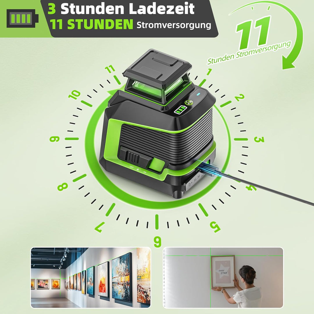 Huepar 360° Laser Wasserwaage mit 152 cm Stativ, Kreuzlinienlaser grün mit Pulsmodus, 3 Helligkeitss