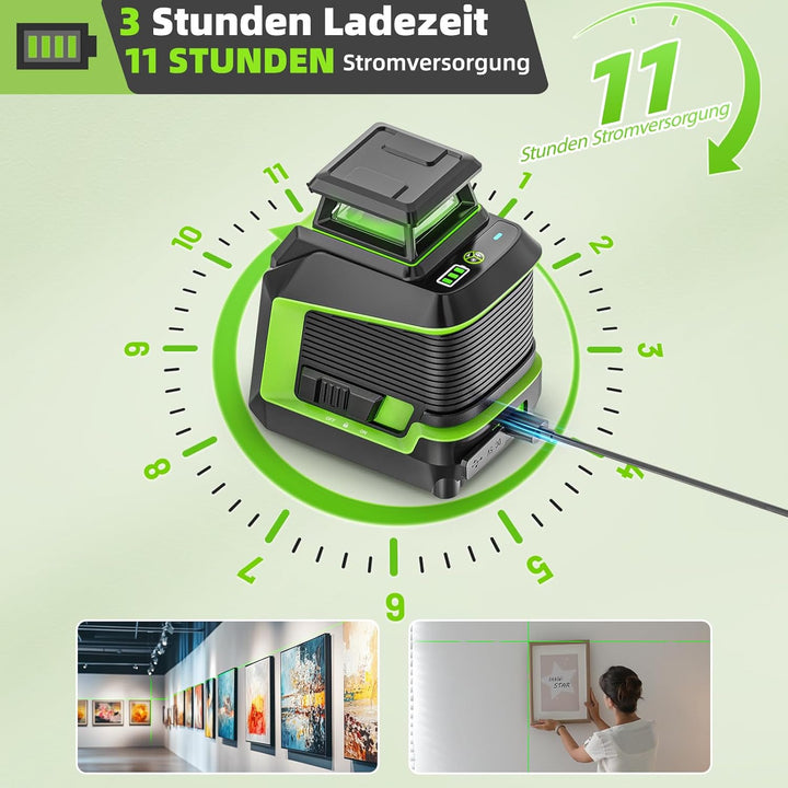 Huepar 360° Laser Wasserwaage mit 152 cm Stativ, Kreuzlinienlaser grün mit Pulsmodus, 3 Helligkeitss