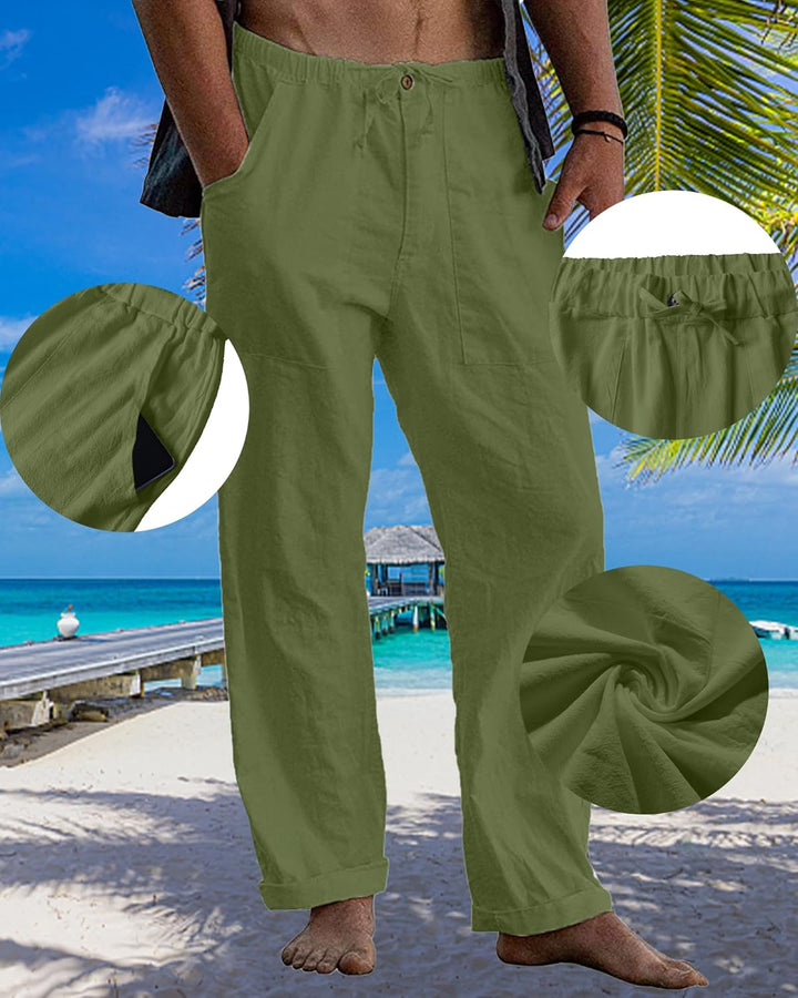 LVCBL Leinenhose Herren Sommer Herbst Lose Lässige Leinenhose mit Taschen Elastischer Bund M Grün, M