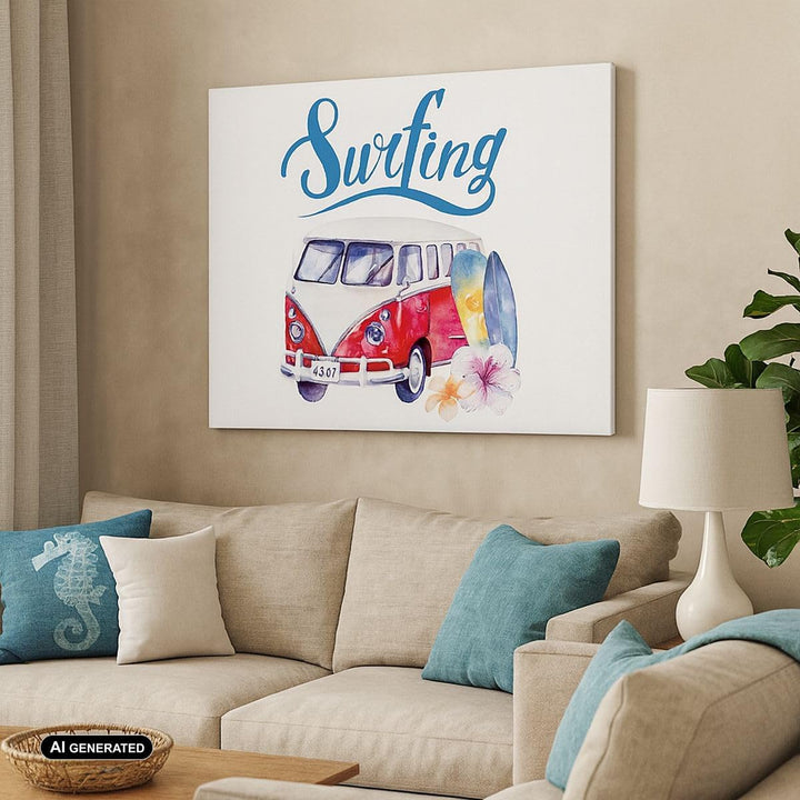Bilder auf Leinwand Aquarell Surfbrett Palme Bäume Leinwandbild 70x50cm Wandbilder Dekoration Wohnzi