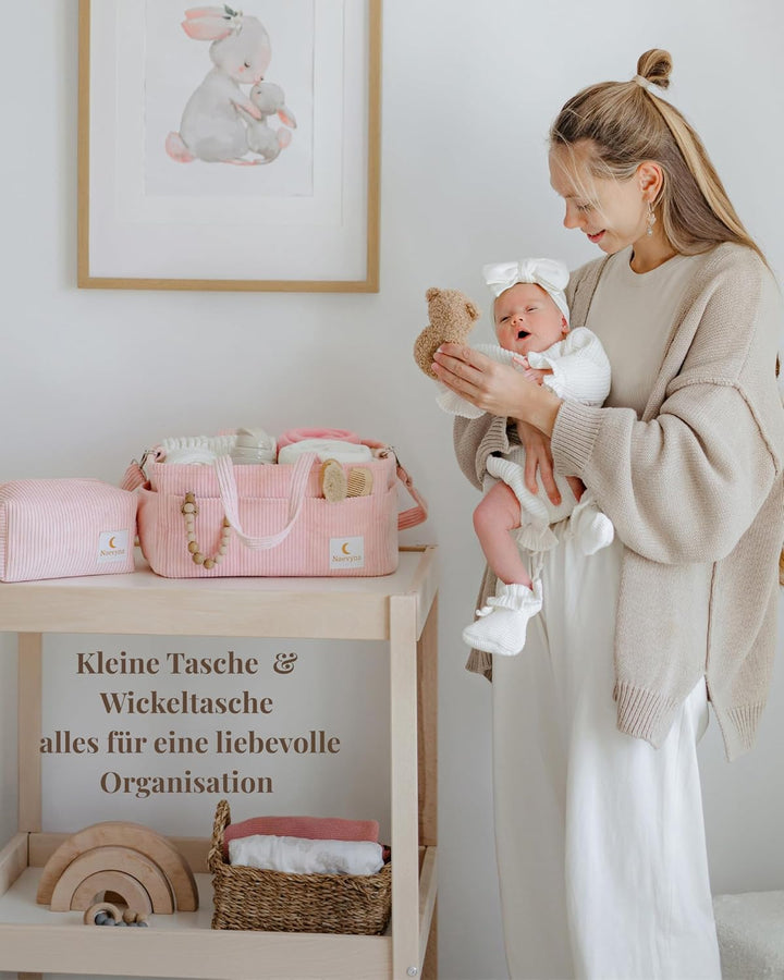 Wickelkorb Organizer aus Cord 2-in-1 mit Schultergurt und Windeltasche - Windel Caddy für den Wickel