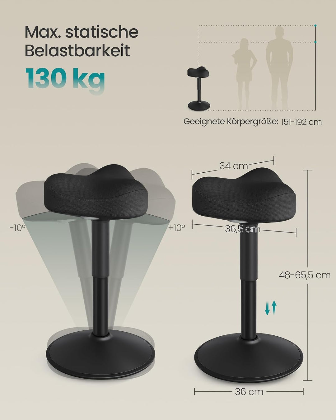 SONGMICS Stehhocker, um 360° neigbar, höhenverstellbar 48-65.5 cm | Schreibtischstuhl, modern, gross