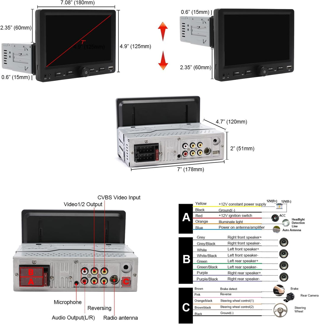 Autoradio 1Din mit 7 Zoll einstellbar Bildschirm, Kompatibel mit [Wireless] Apple CarPlay/Android Au