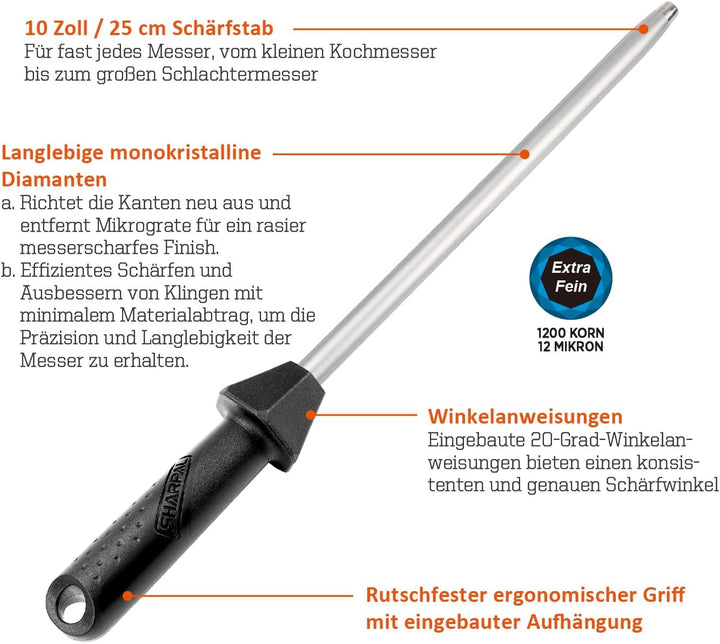 SHARPAL 119N Diamant-Schärfer aus massivem Stahl für Messer, Klingenschärfer, Honstab, professionell