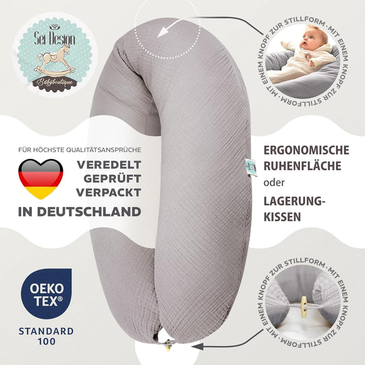 sei Design XXL Stillkissen 190 cm x 35 cm mit Musselin-Bezug ergonomisch. Schwangerschaftskissen Sei