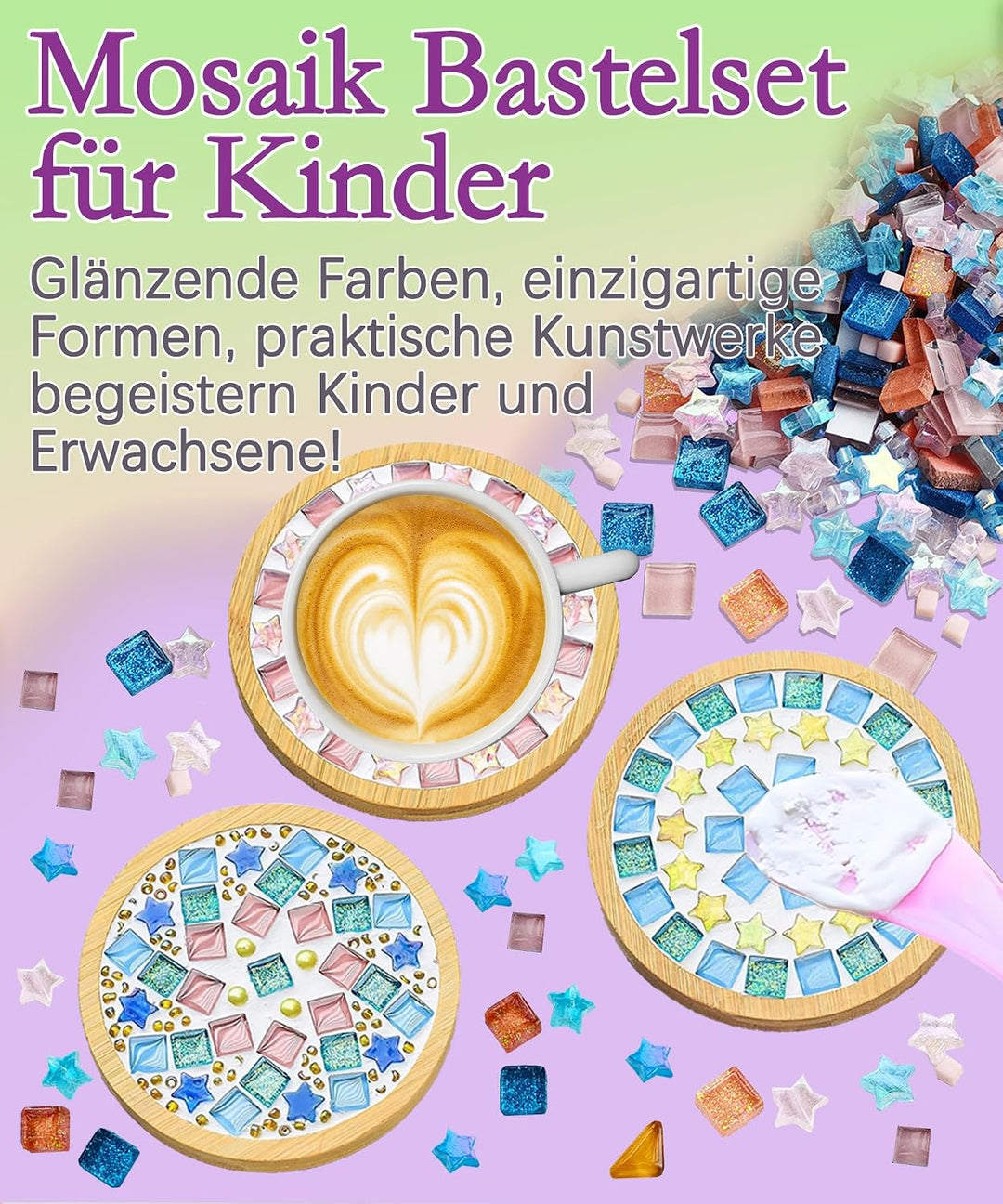 Finsink Mosaik bastelset kinder 8pcs mosaik untersetzer bastelset diy holz untersetzer Set Mosaikste