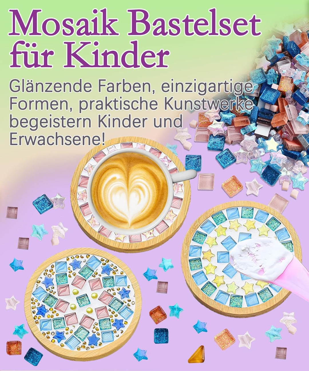 Finsink Mosaik bastelset kinder 8pcs mosaik untersetzer bastelset diy holz untersetzer Set Mosaikste