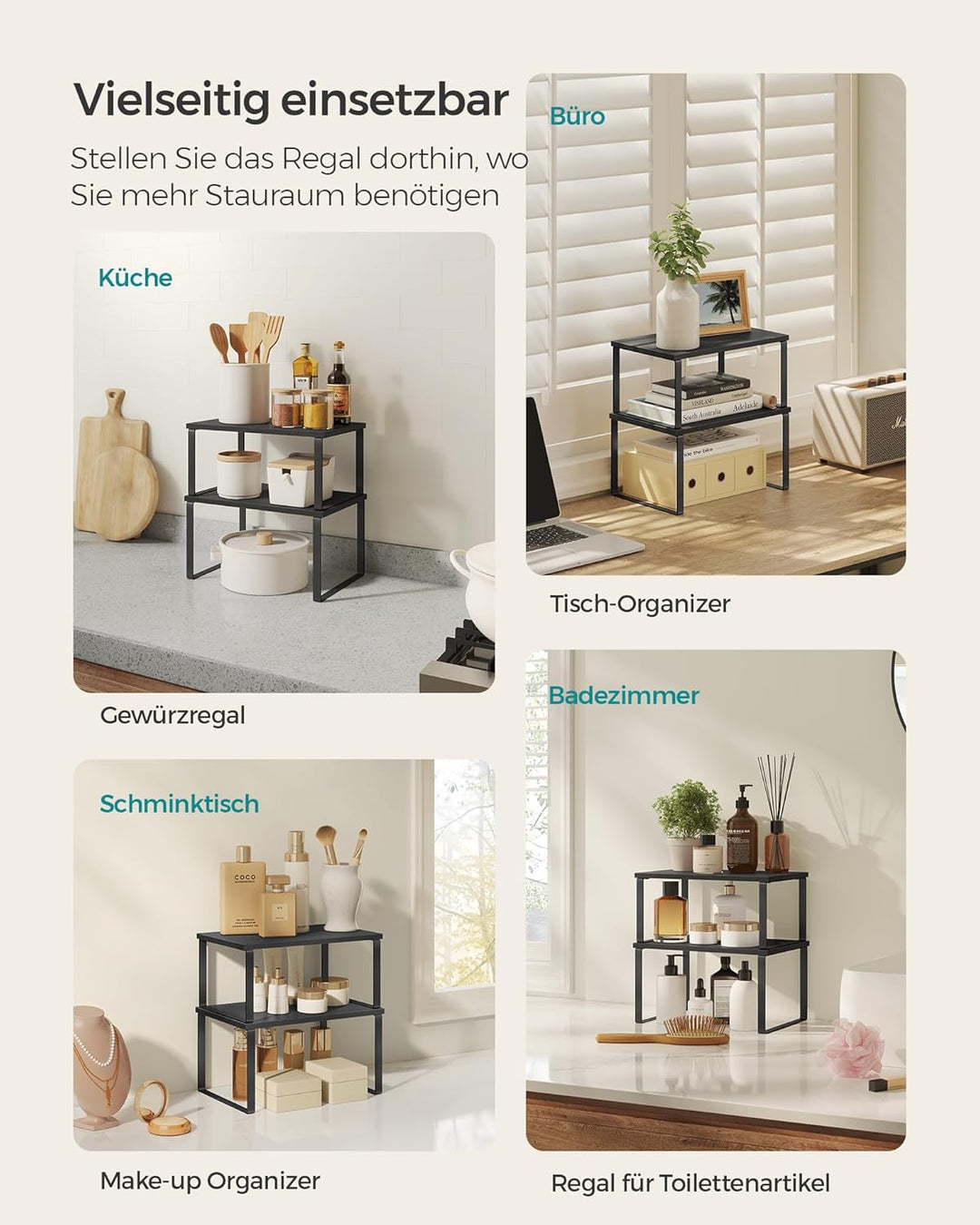 SONGMICS Gewürzregal, 4er Set, Küchenregal, Küchen-Organizer, erweiterbar, Gewürzhalter, stapelbar,