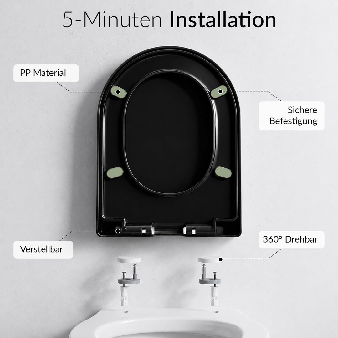 Toilettendeckel D-Form Schwarz 46,5x36cm, WC Sitz Eckig Modern mit Verstellbaren Scharnieren, Klodec