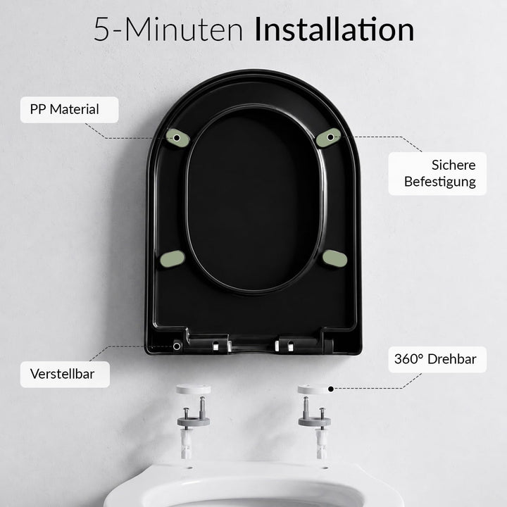 Toilettendeckel D-Form Schwarz 46,5x36cm, WC Sitz Eckig Modern mit Verstellbaren Scharnieren, Klodec