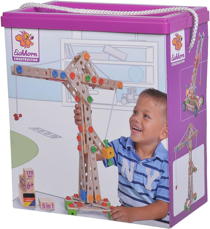 Eichhorn Constructor Kran, vielseitiges Holzspielzeug, 170 Bauteile, 5 Verschiedene Konstruktionen,