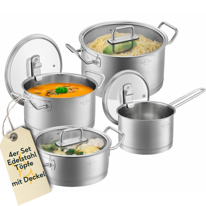 SILBERTHAL Topfset Induktion - 4-teilig - Edelstahl Kochtopf Set mit Glasdeckel - Unbeschichtet - Fü