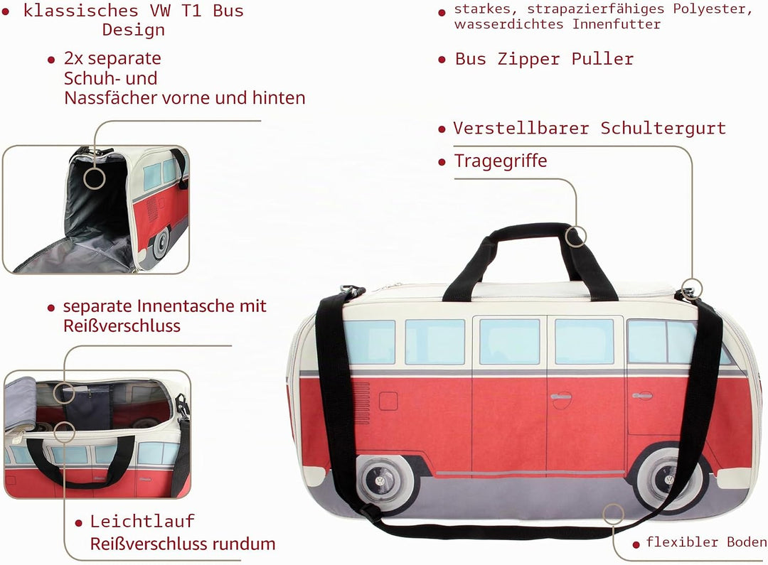 BRISA VW Collection - T1 Bulli Bus Sporttasche Reisetasche Gross Rot und Beige Gross (60 x 30 x 30 c